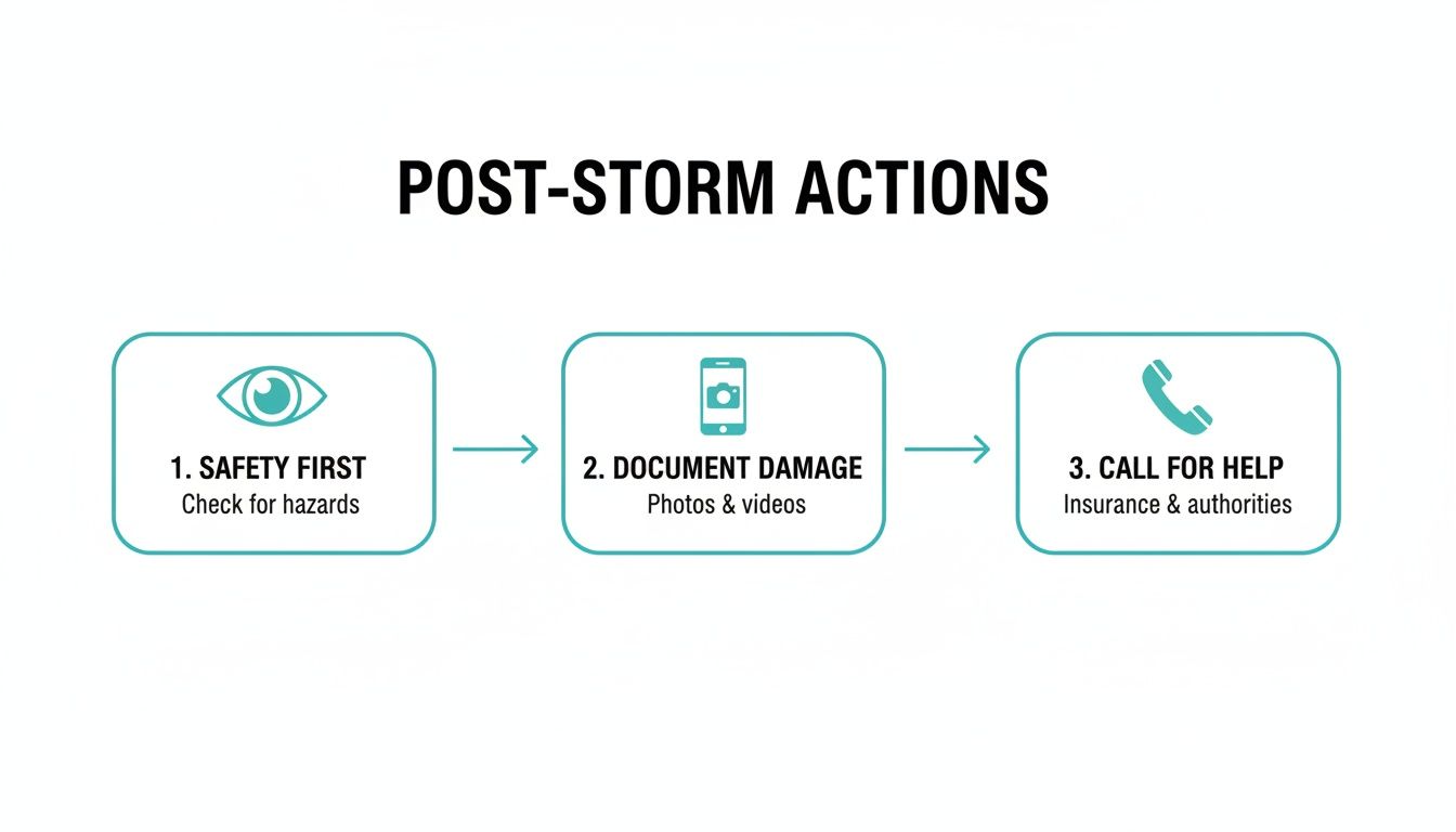 A three-step flowchart outlines post-storm actions: safety first, document damage, and call for help.
