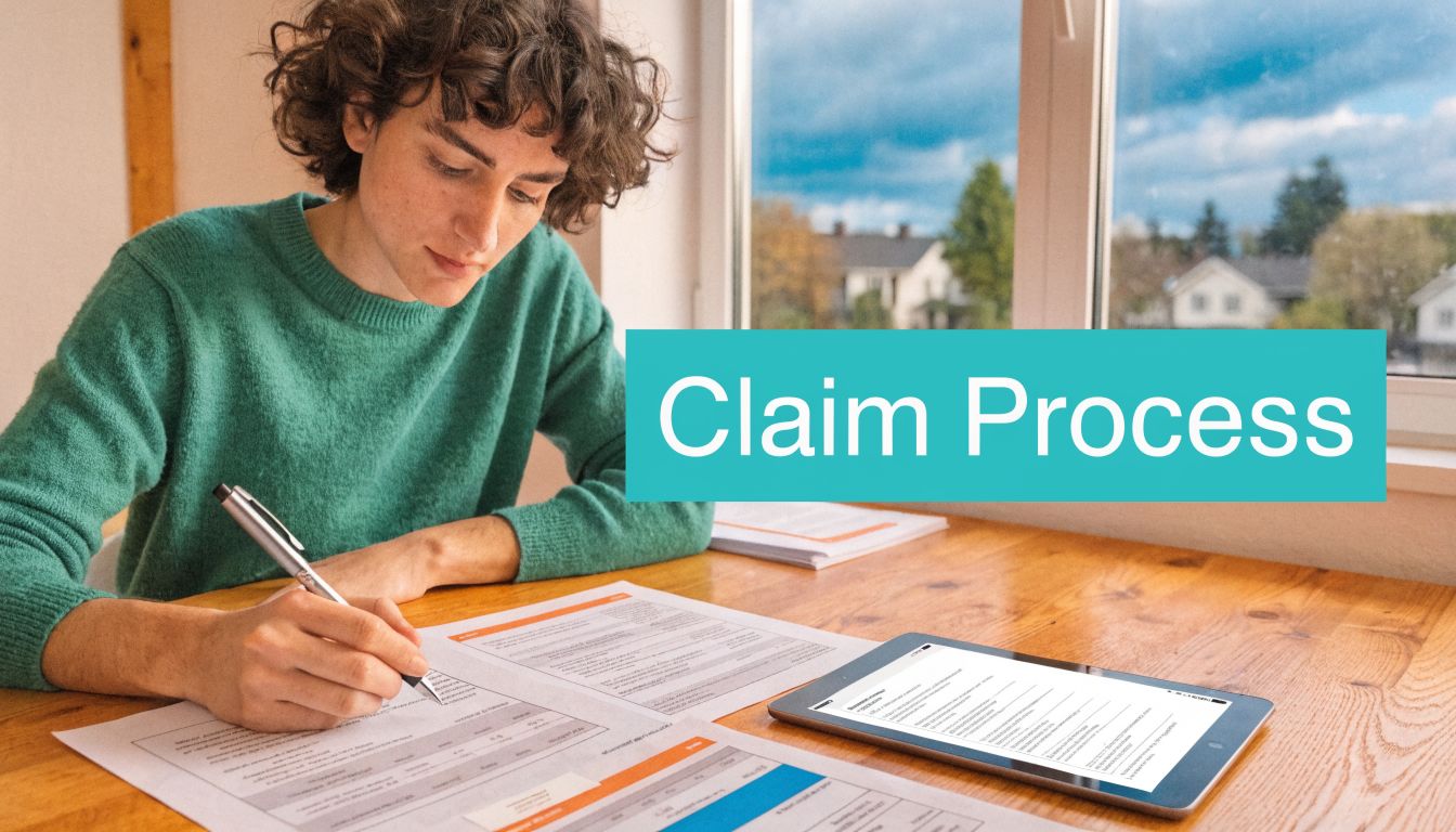 A person writing on a document while viewing digital forms on a tablet for insurance claims.